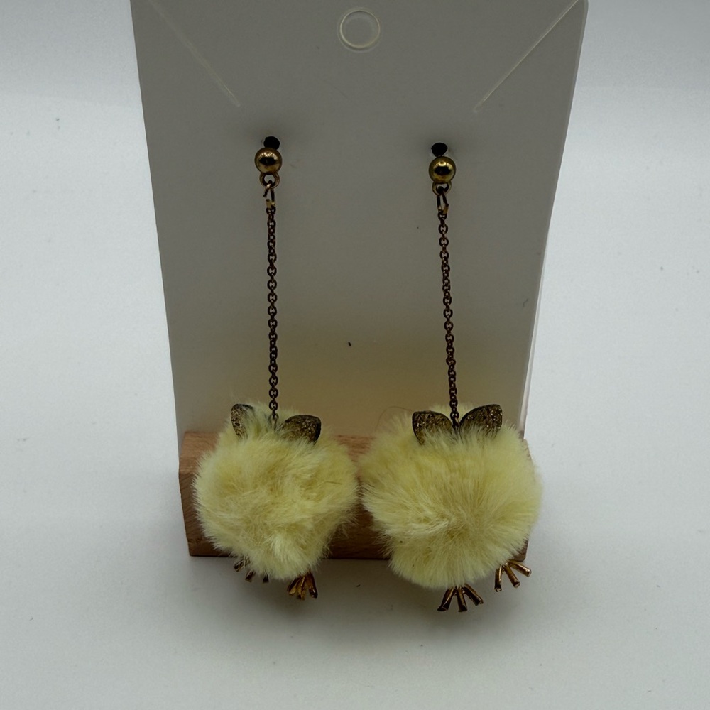 Fluffy Chick Dangle Earrings – Yellow Pom Pom Easter Spring Bird Earrings Cute